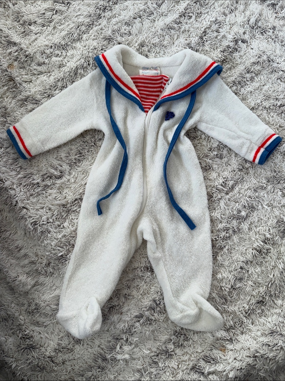 0/3m 1960s Vintage White Plush Sailor-Style Baby One-Piece with Blue Trim